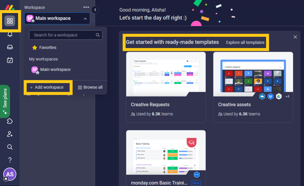 How to add Monday.com workspace and work with ready-made templates?